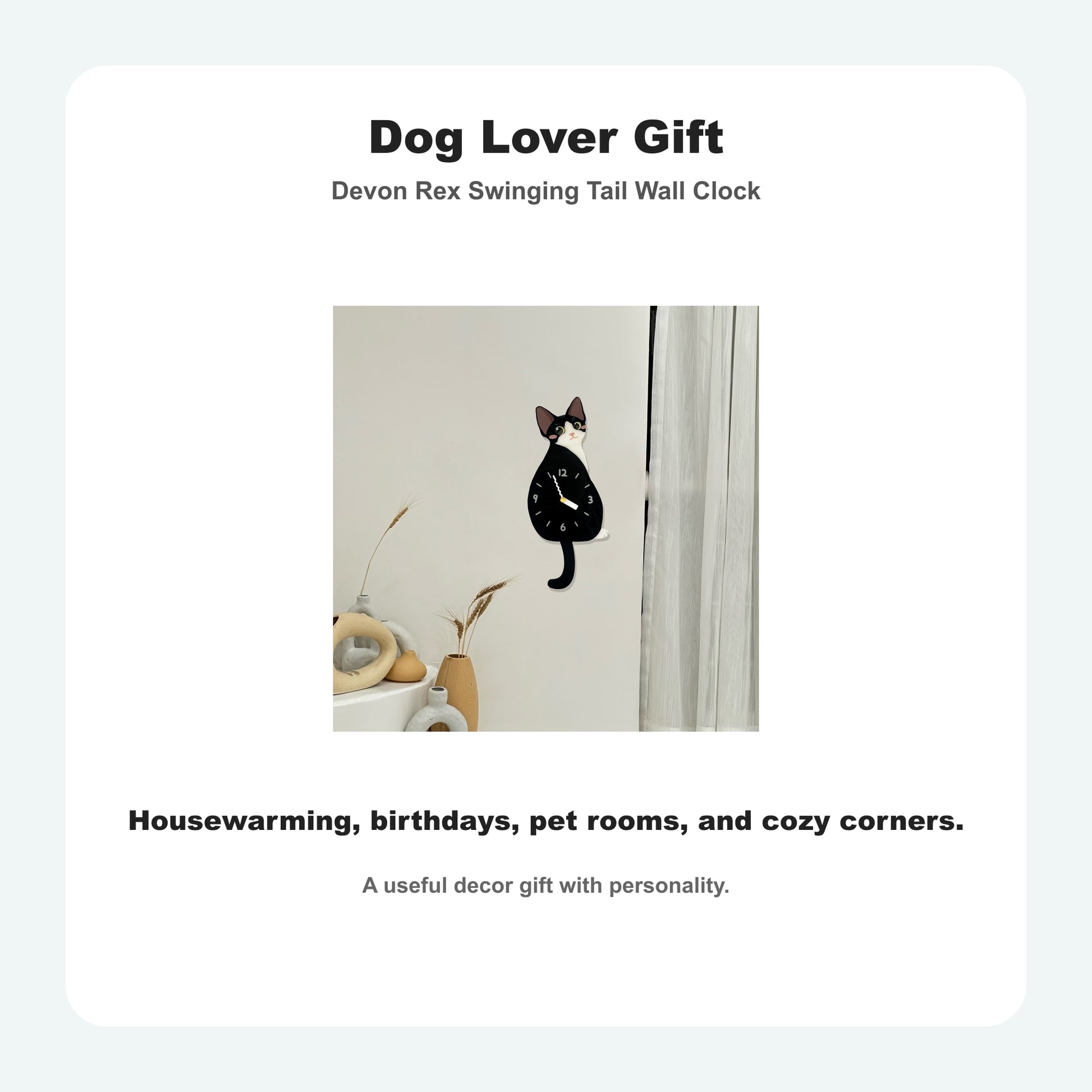 Devon Rex Petstify cat wall clock with swinging tail detail
