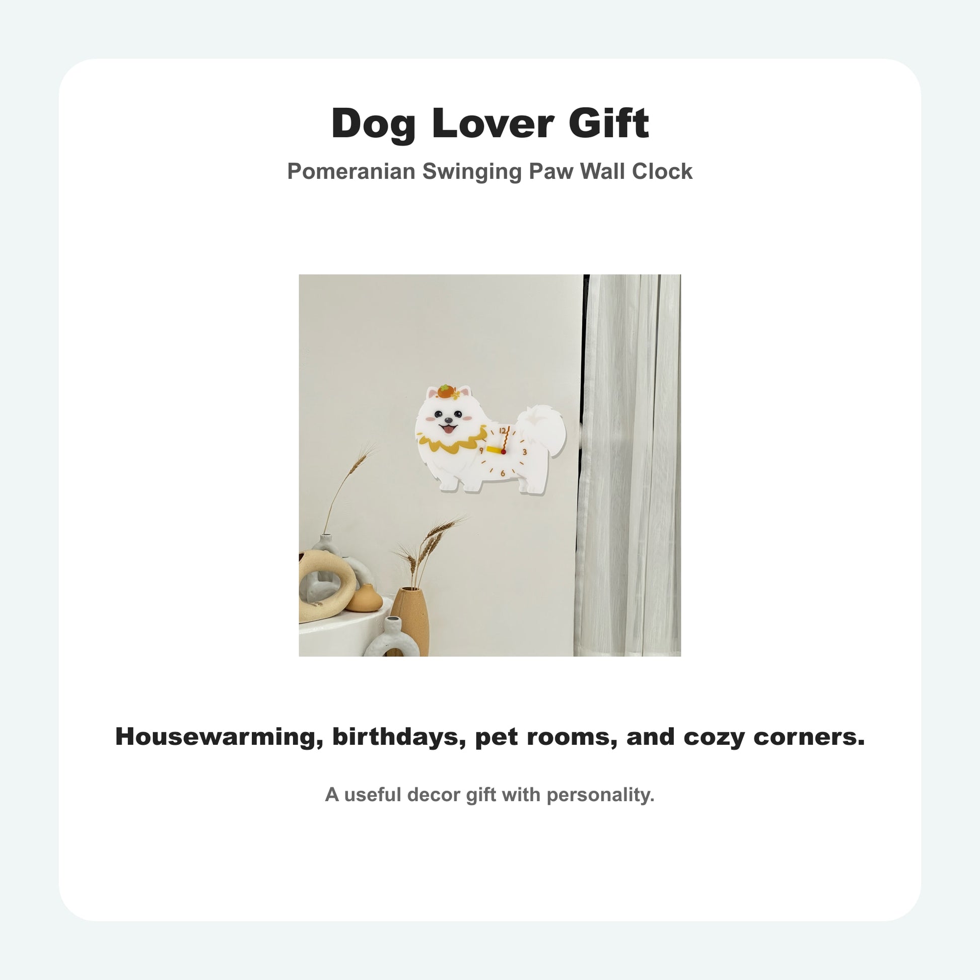 Pomeranian Petstify dog wall clock with swinging paw detail