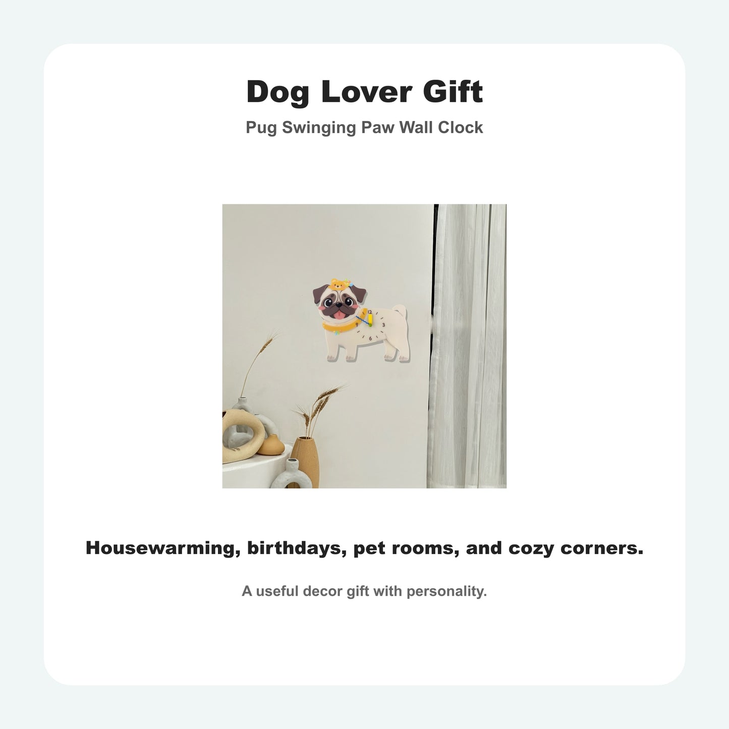 Pug Petstify dog wall clock with swinging paw detail