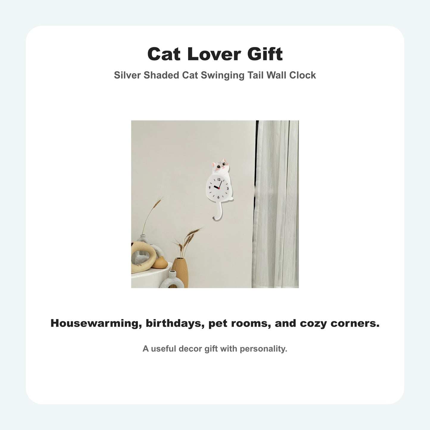 Silver Shaded Cat Petstify cat wall clock with playful swinging detail