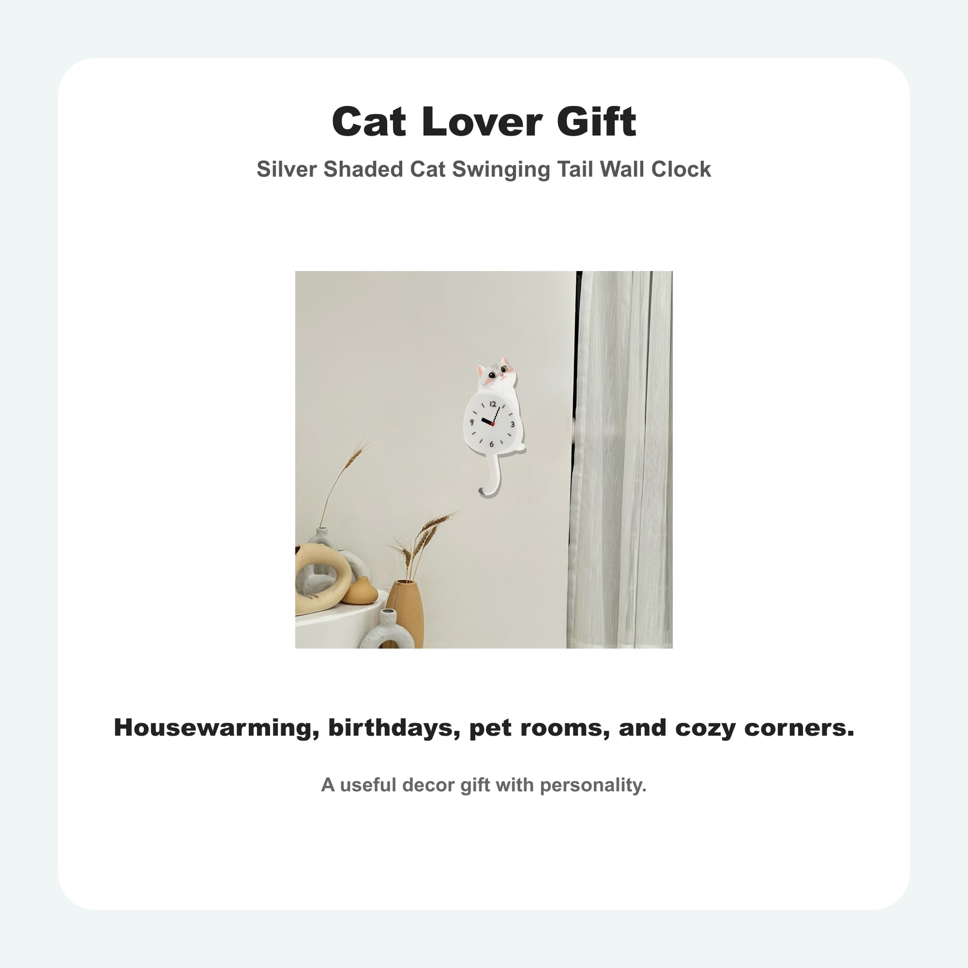 Silver Shaded Cat Petstify cat wall clock with playful swinging detail