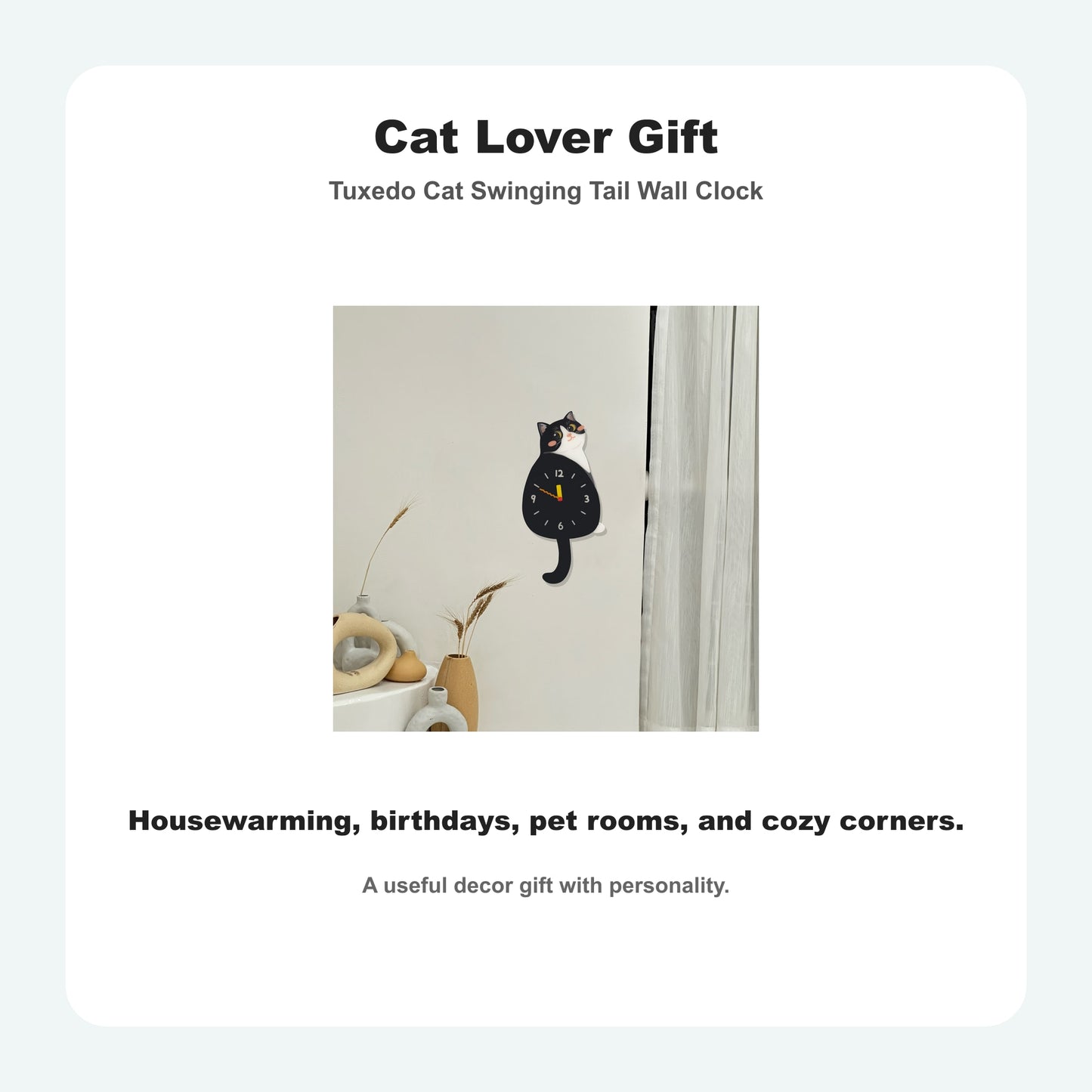 Tuxedo Cat Petstify cat wall clock with swinging tail detail