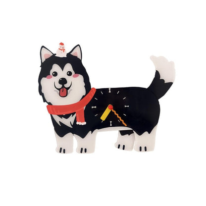 Petstify Alaskan Malamute wall clock black variant with snowman magnetic accessory