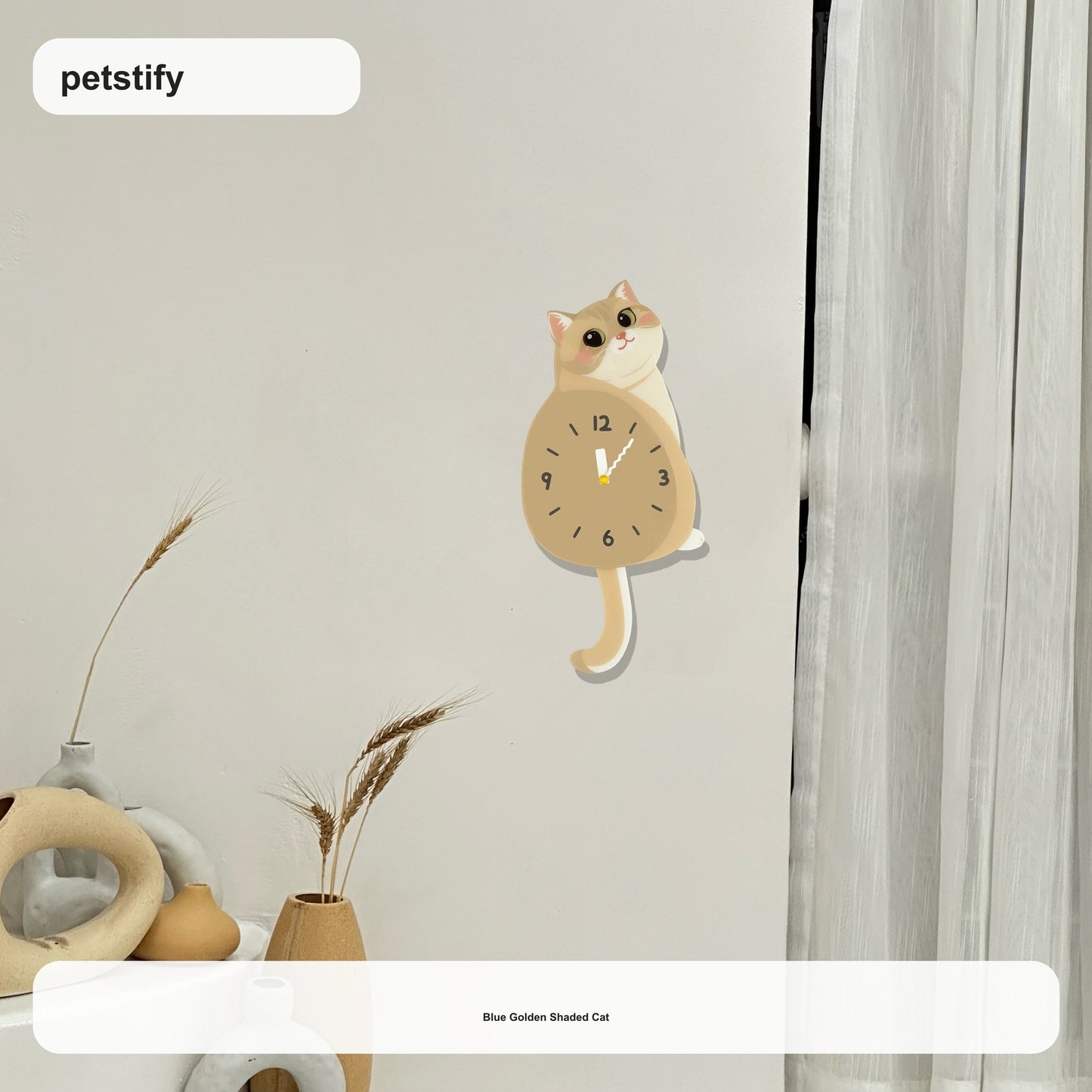 Blue Golden Shaded Cat Petstify cat wall clock with playful swinging detail