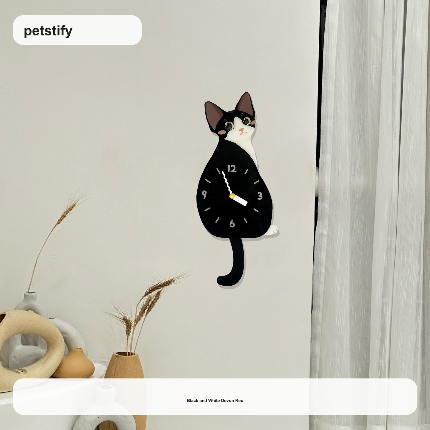 Devon Rex Petstify cat wall clock with swinging tail detail
