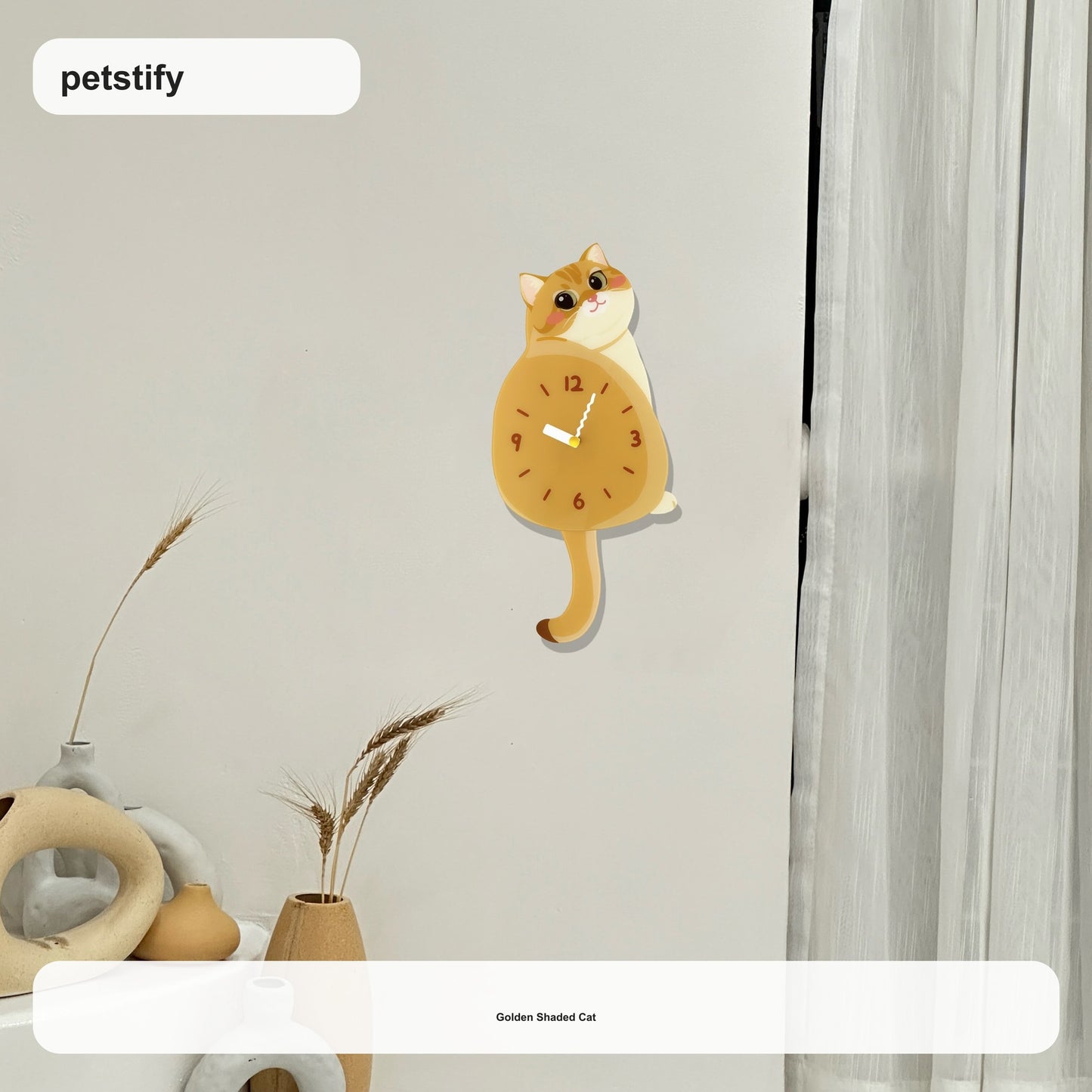 Golden Shaded Cat Petstify cat wall clock with playful swinging detail
