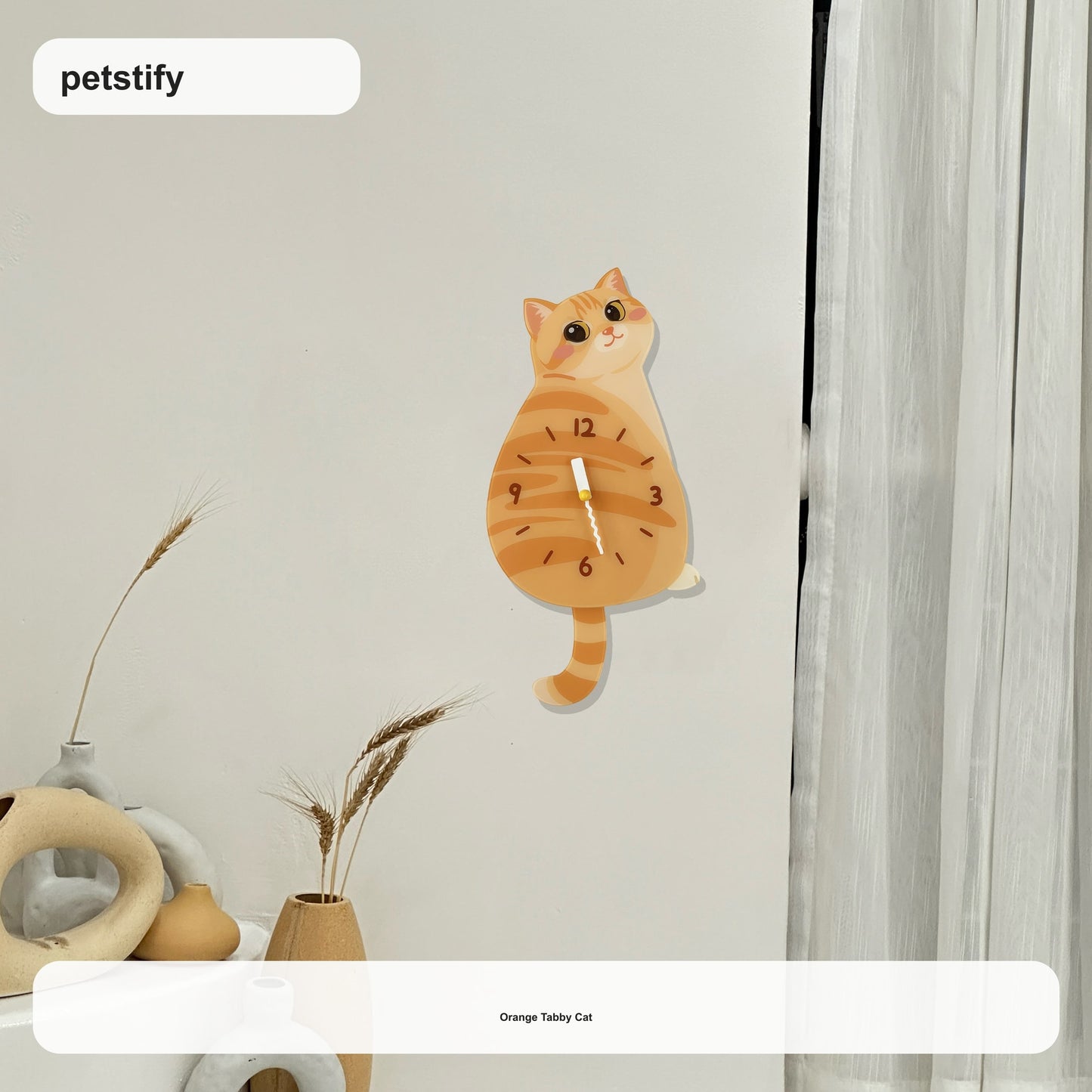 Orange Tabby Petstify cat wall clock with swinging tail detail