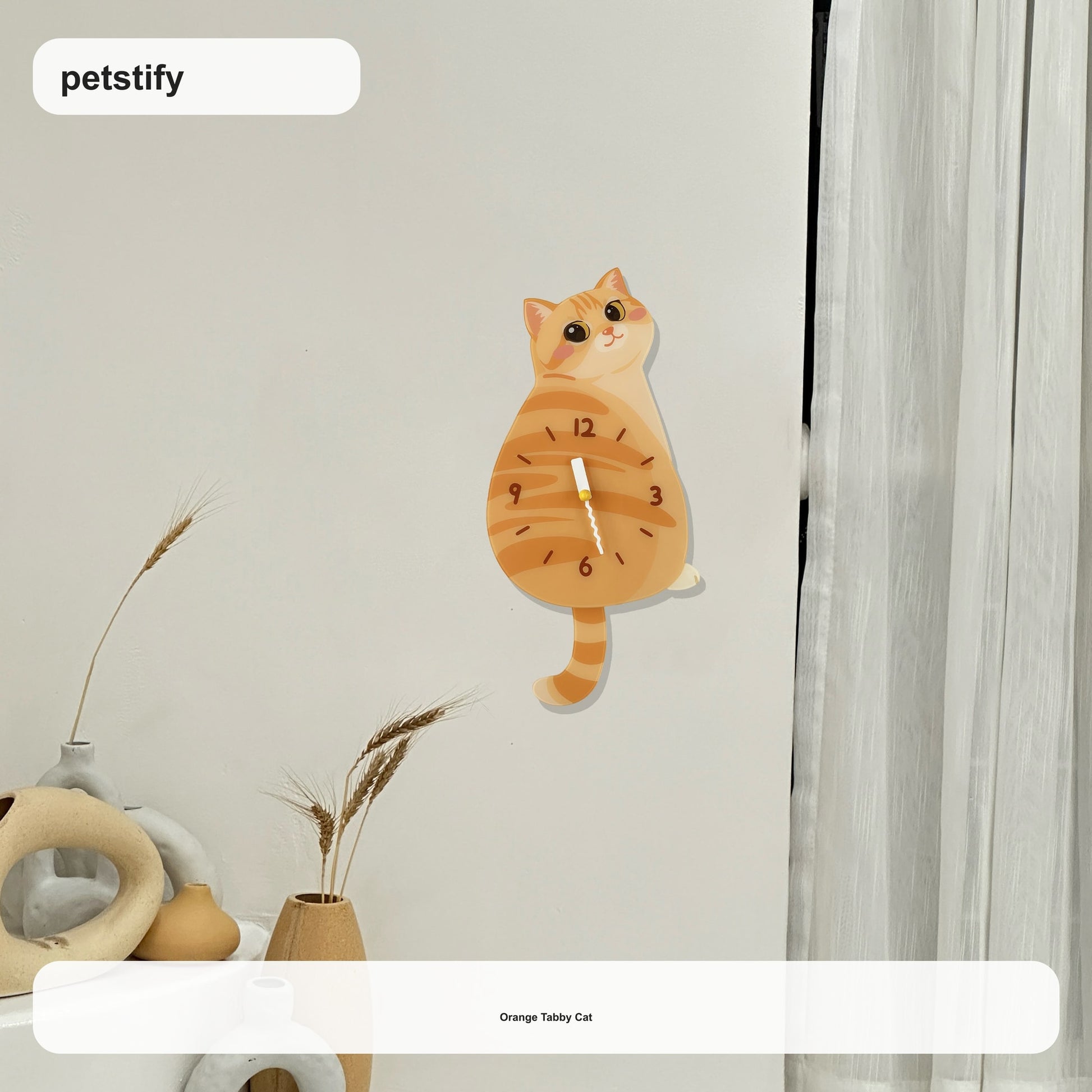 Orange Tabby Petstify cat wall clock with swinging tail detail
