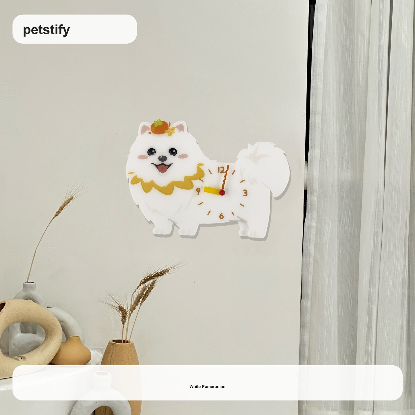 Pomeranian Petstify dog wall clock with swinging paw detail