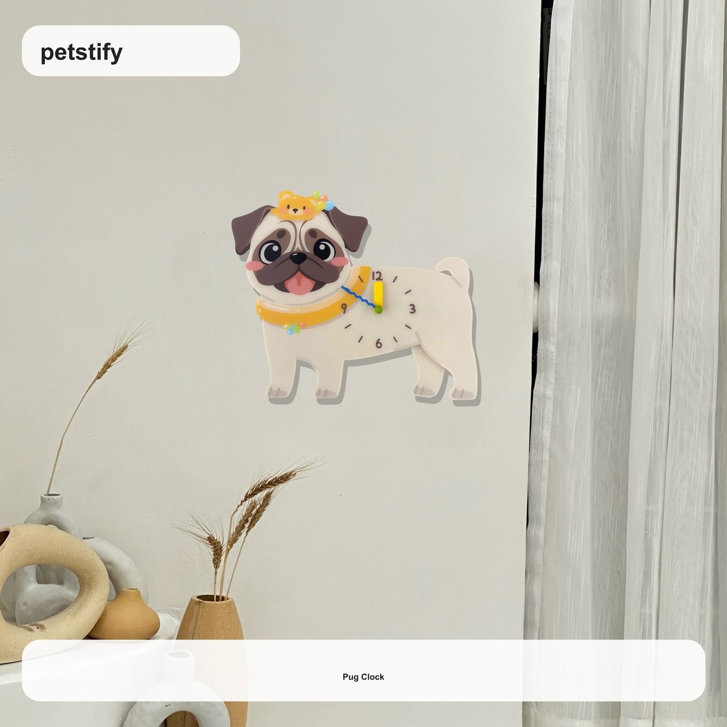 Pug Petstify dog wall clock with swinging paw detail