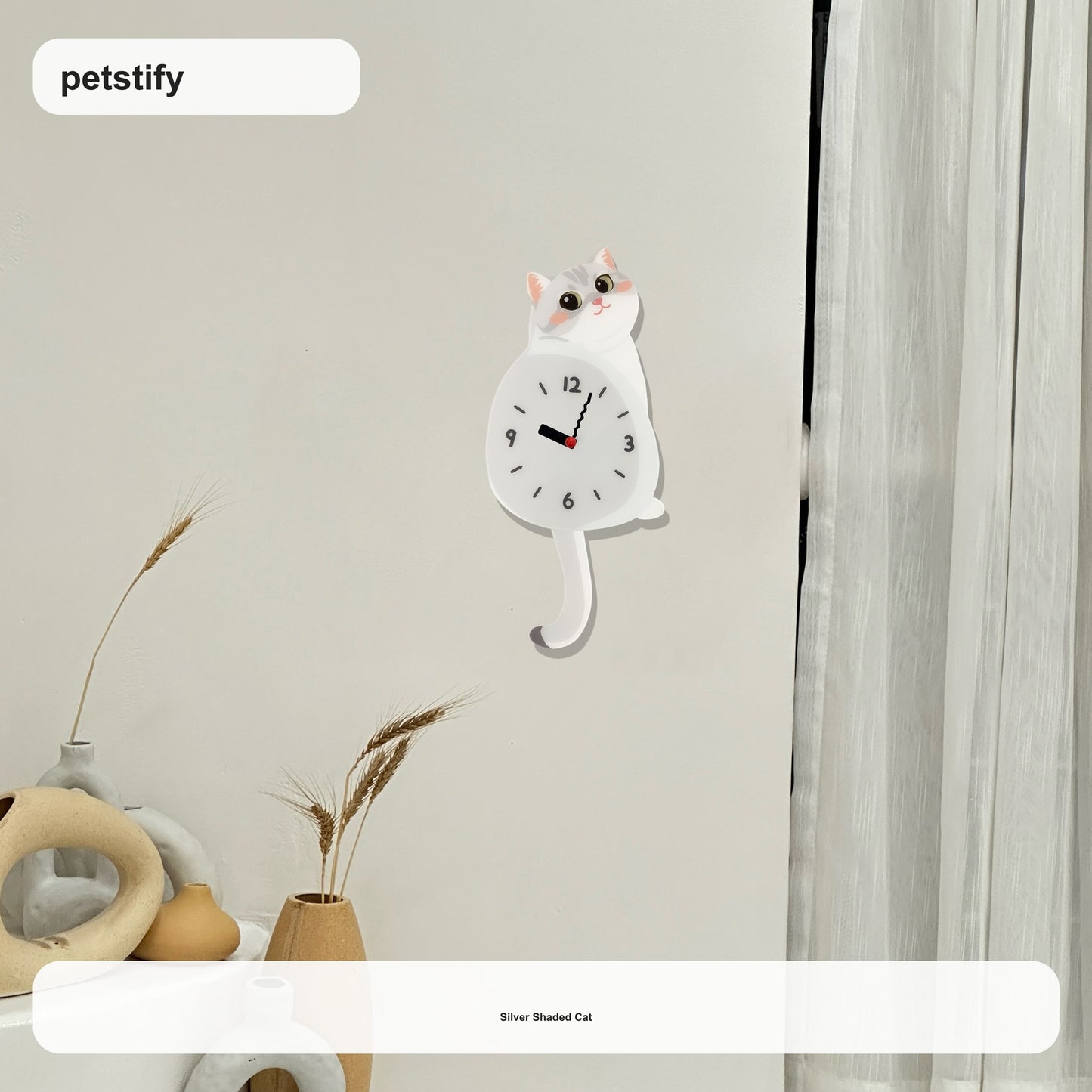 Silver Shaded Cat Petstify cat wall clock with playful swinging detail
