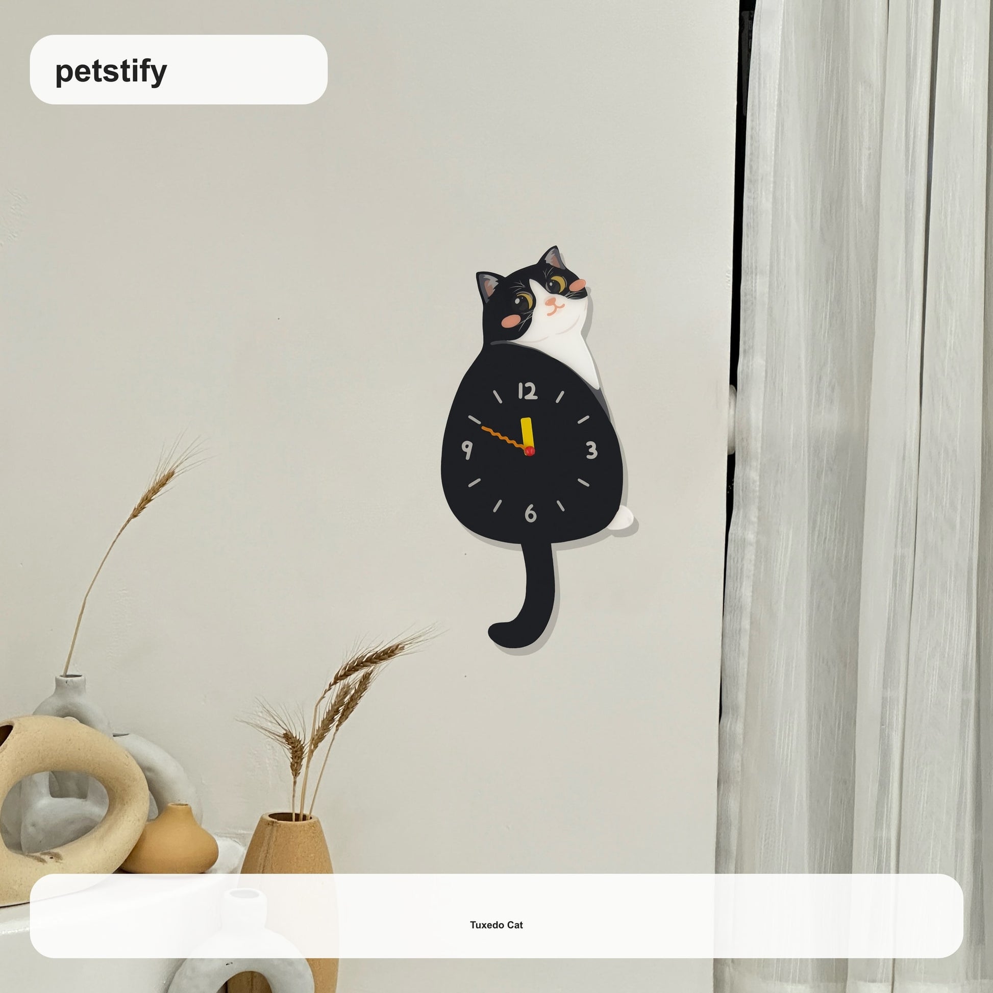 Tuxedo Cat Petstify cat wall clock with swinging tail detail
