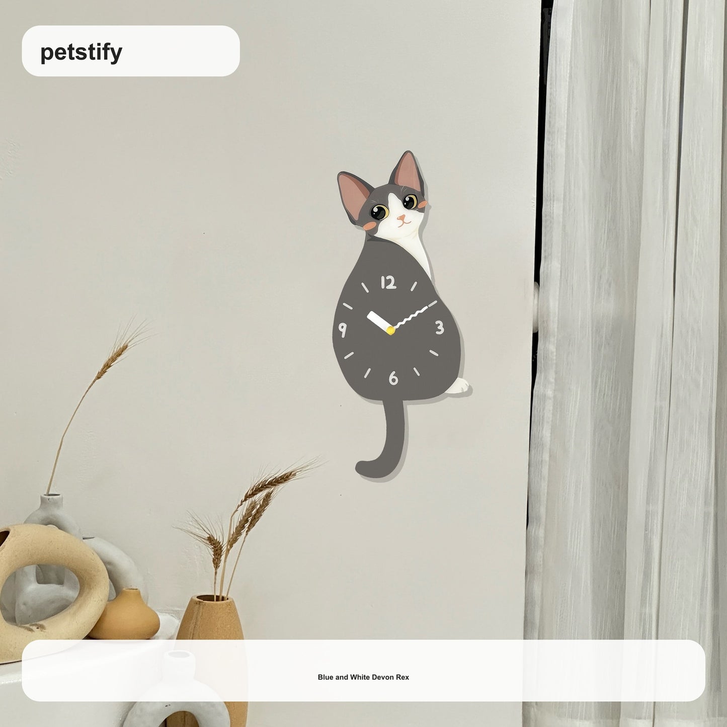 Devon Rex Petstify cat wall clock with swinging tail detail