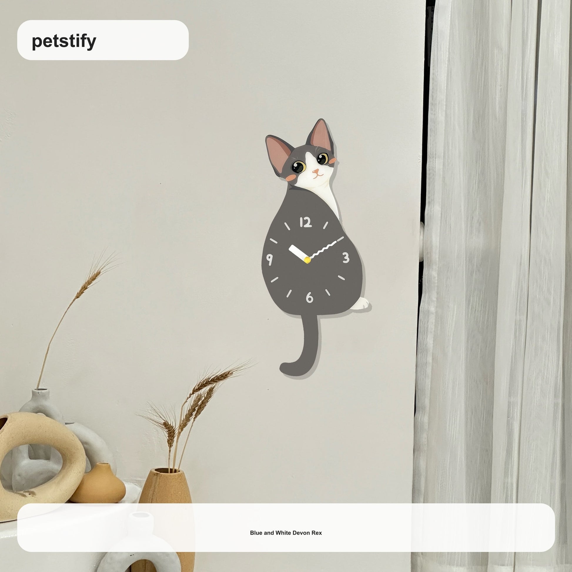 Devon Rex Petstify cat wall clock with swinging tail detail
