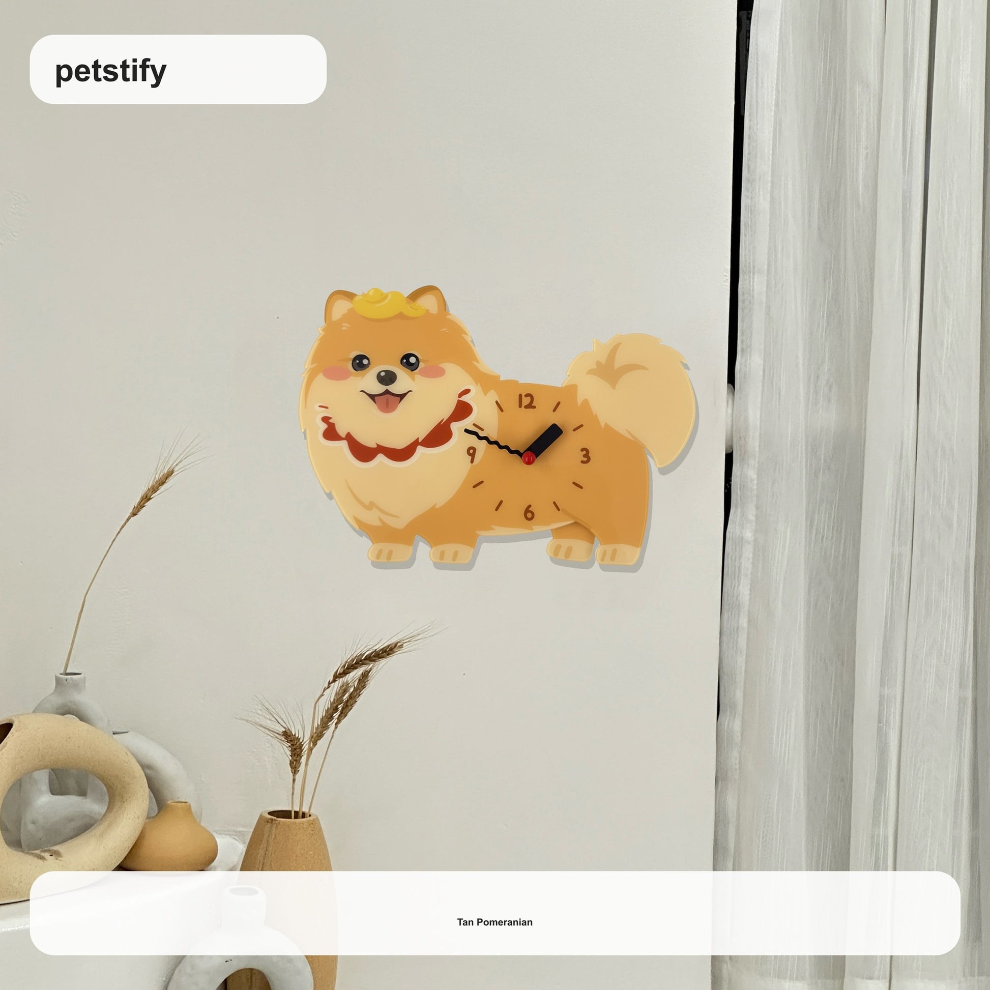 Pomeranian Petstify dog wall clock with swinging paw detail