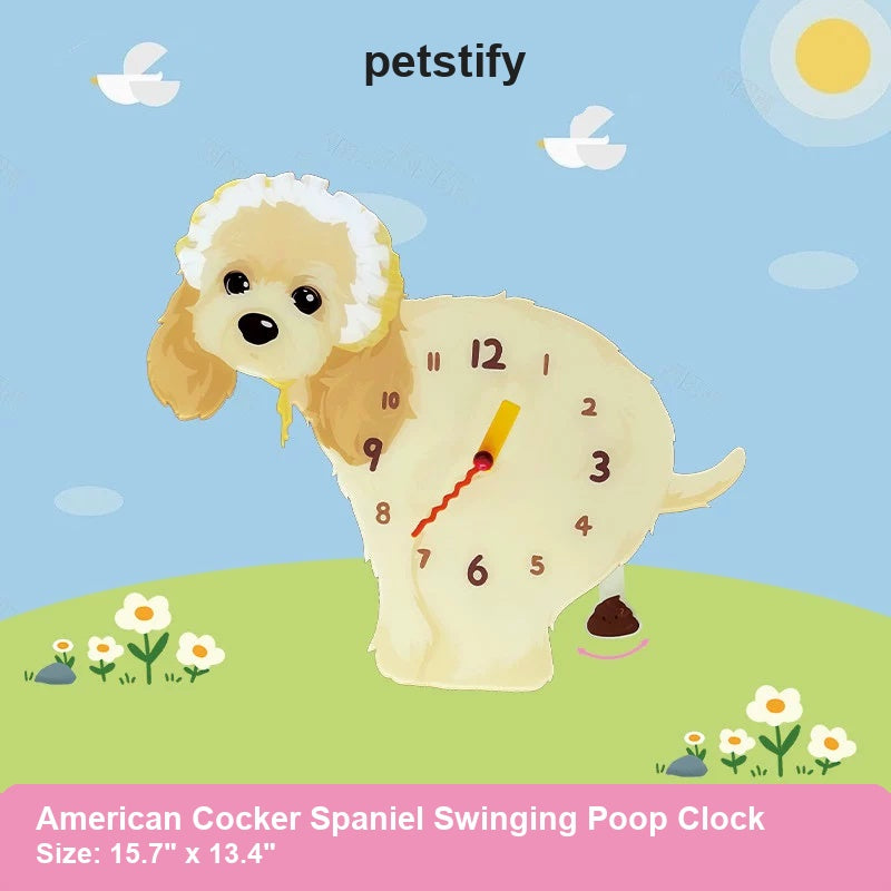American Cocker Spaniel Wall Clock with Swinging Poop Pendulum detail showing clock hands and swinging poop pendulum
