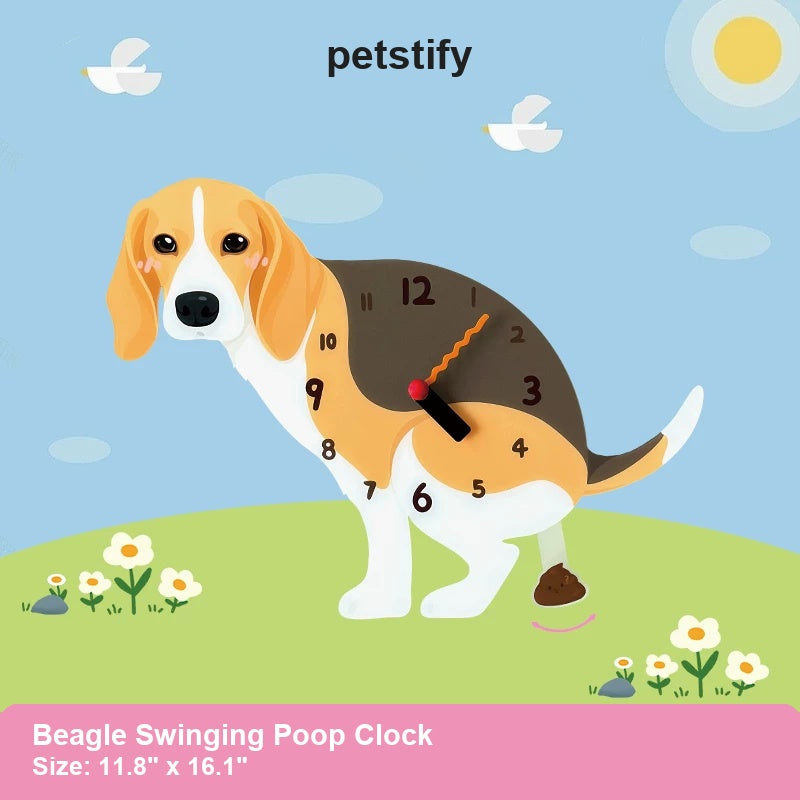 Beagle Wall Clock with Swinging Poop Pendulum detail showing clock hands and swinging poop pendulum