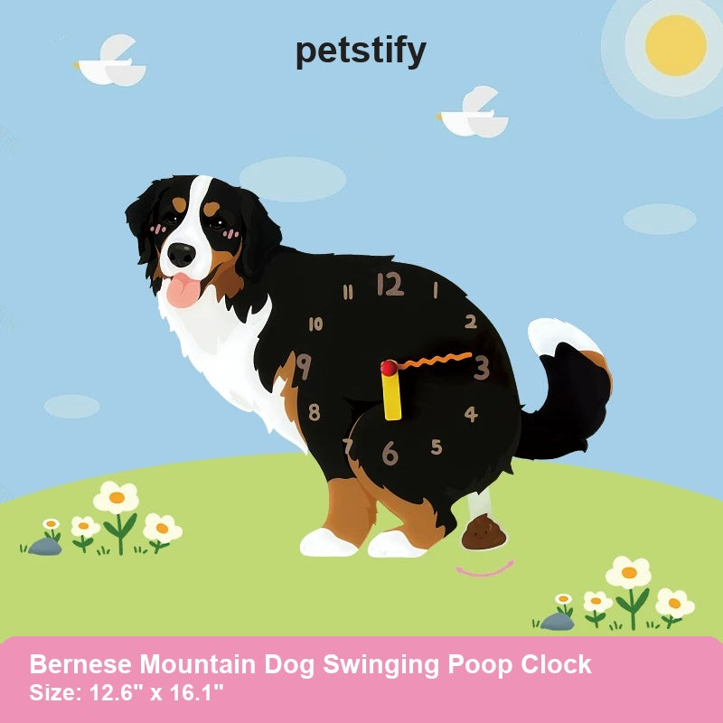 Bernese Mountain Dog Wall Clock with Swinging Poop Pendulum detail showing clock hands and swinging poop pendulum