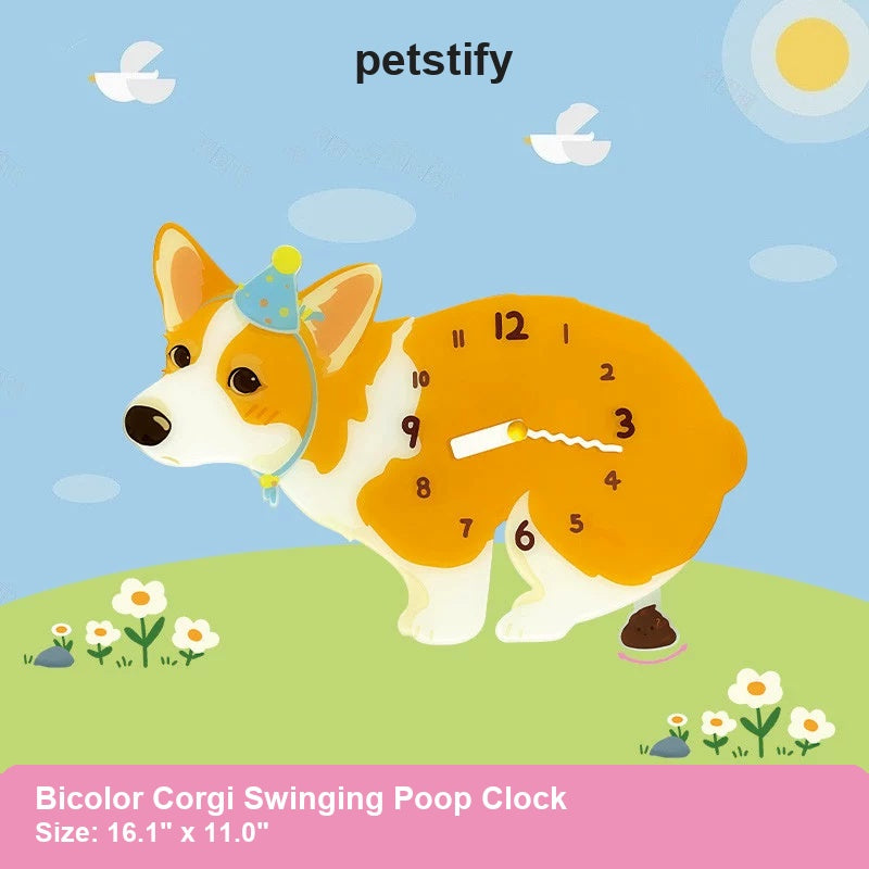 Bicolor Corgi Wall Clock with Swinging Poop Pendulum detail showing clock hands and swinging poop pendulum