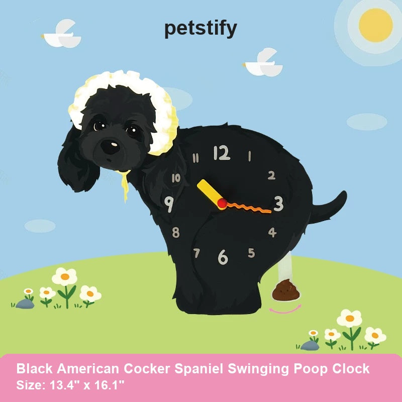 Black American Cocker Spaniel Wall Clock with Swinging Poop Pendulum detail showing clock hands and swinging poop pendulum
