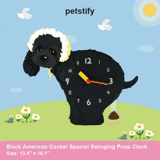 Black American Cocker Spaniel illustration on a Petstify wall clock with a swinging pendulum below