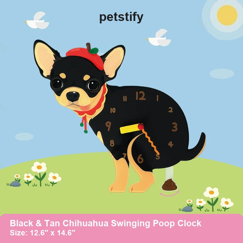 Black and Tan Chihuahua Wall Clock with Swinging Poop Pendulum detail showing clock hands and swinging poop pendulum