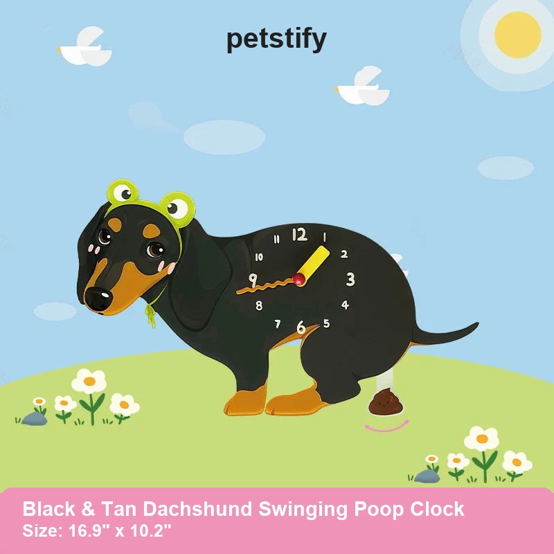 Black and Tan Dachshund Wall Clock with Swinging Poop Pendulum detail showing clock hands and swinging poop pendulum