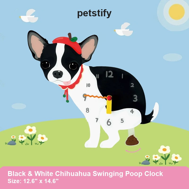 Black and White Chihuahua Wall Clock with Swinging Poop Pendulum detail showing clock hands and swinging poop pendulum