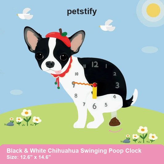 Black and White Chihuahua illustration on a Petstify wall clock with a swinging pendulum below