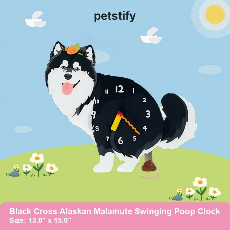 Black Cross Alaskan Malamute Wall Clock with Swinging Poop Pendulum detail showing clock hands and swinging poop pendulum