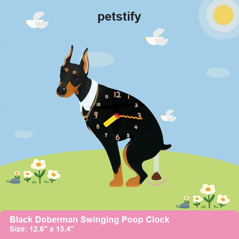 Black Doberman Wall Clock with Swinging Poop Pendulum detail showing clock hands and swinging poop pendulum