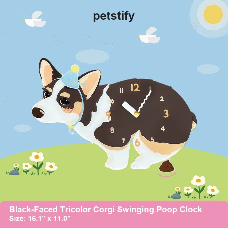 Black-Faced Tricolor Corgi Wall Clock with Swinging Poop Pendulum detail showing clock hands and swinging poop pendulum