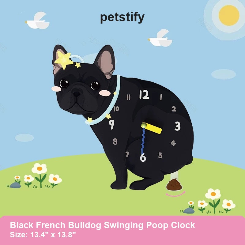 Black French Bulldog Wall Clock with Swinging Poop Pendulum detail showing clock hands and swinging poop pendulum