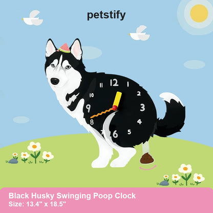 Black Husky Petstify dog wall clock with swinging poop pendulum