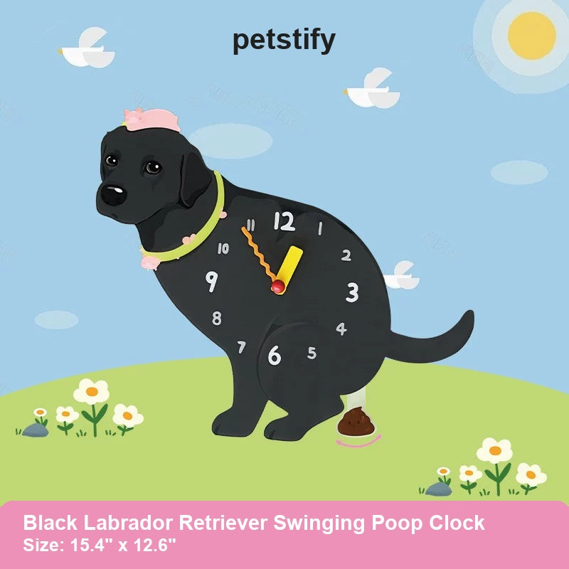 Black Labrador Retriever Wall Clock with Swinging Poop Pendulum detail showing clock hands and swinging poop pendulum