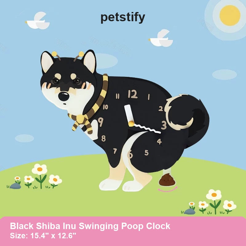 Black Shiba Inu Wall Clock with Swinging Poop Pendulum detail showing clock hands and swinging poop pendulum