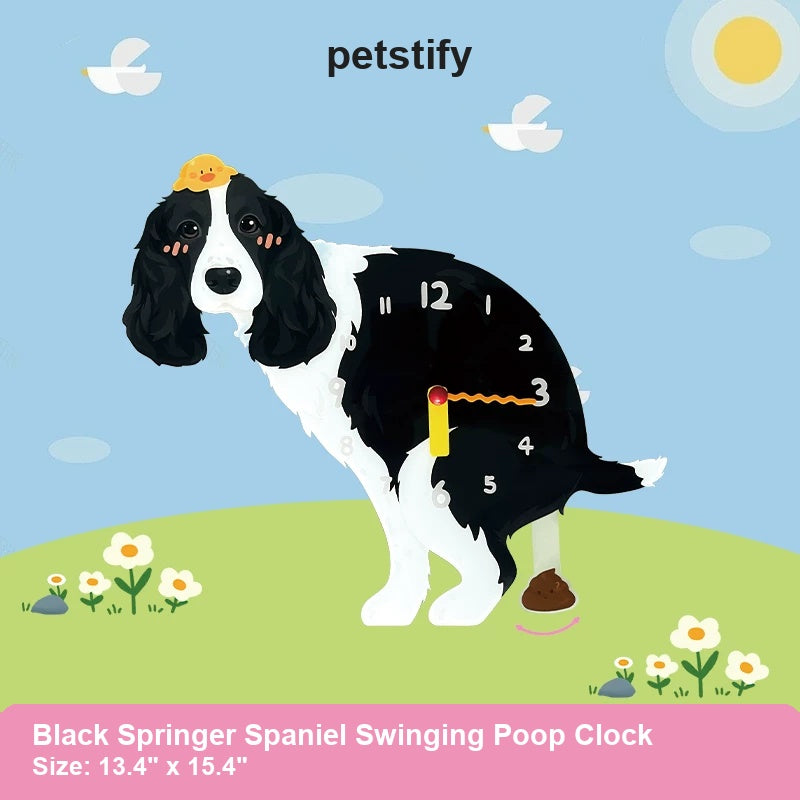 Black Springer Spaniel Wall Clock with Swinging Poop Pendulum detail showing clock hands and swinging poop pendulum