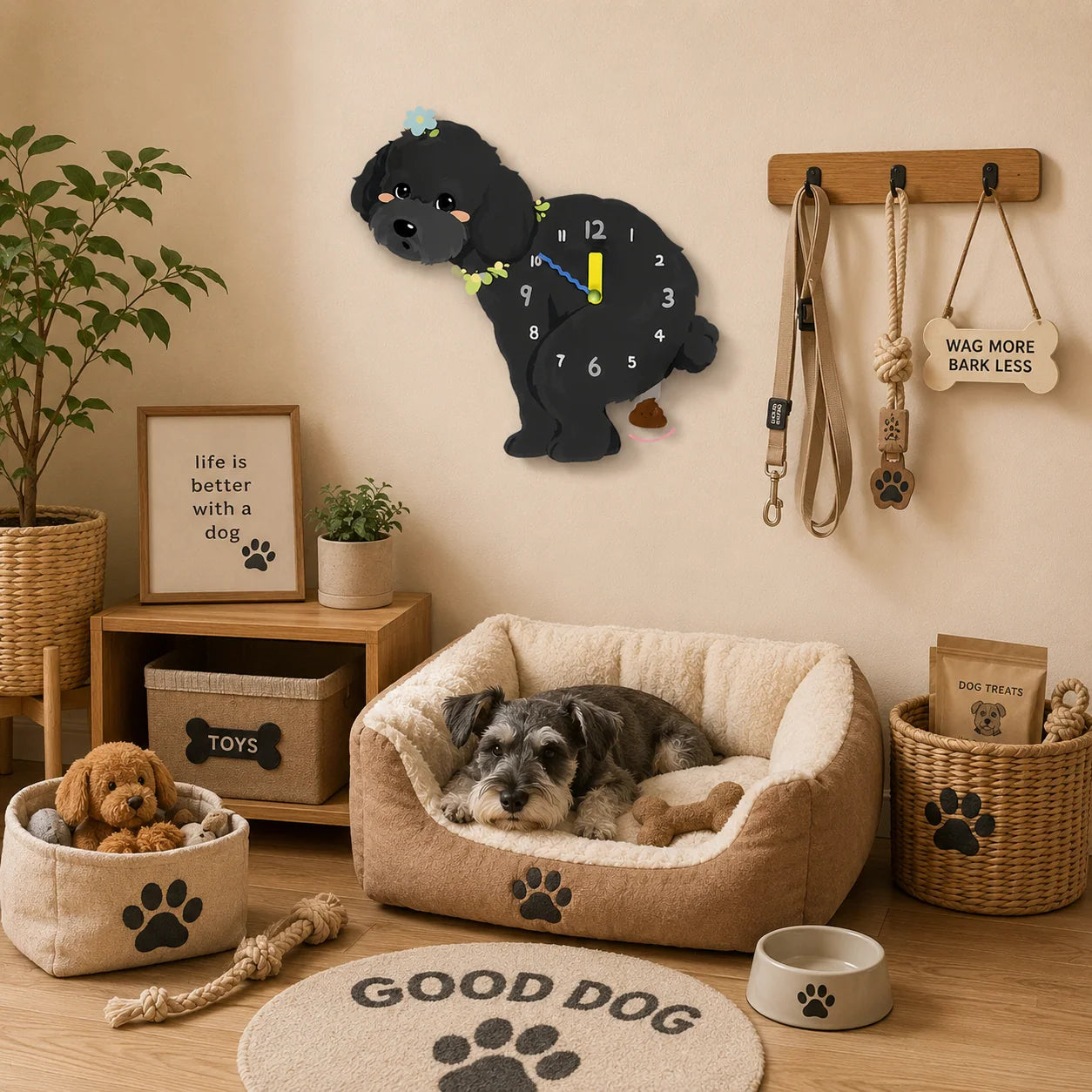 Black Teddy Poodle Wall Clock with Swinging Poop Pendulum styled as funny dog wall decor