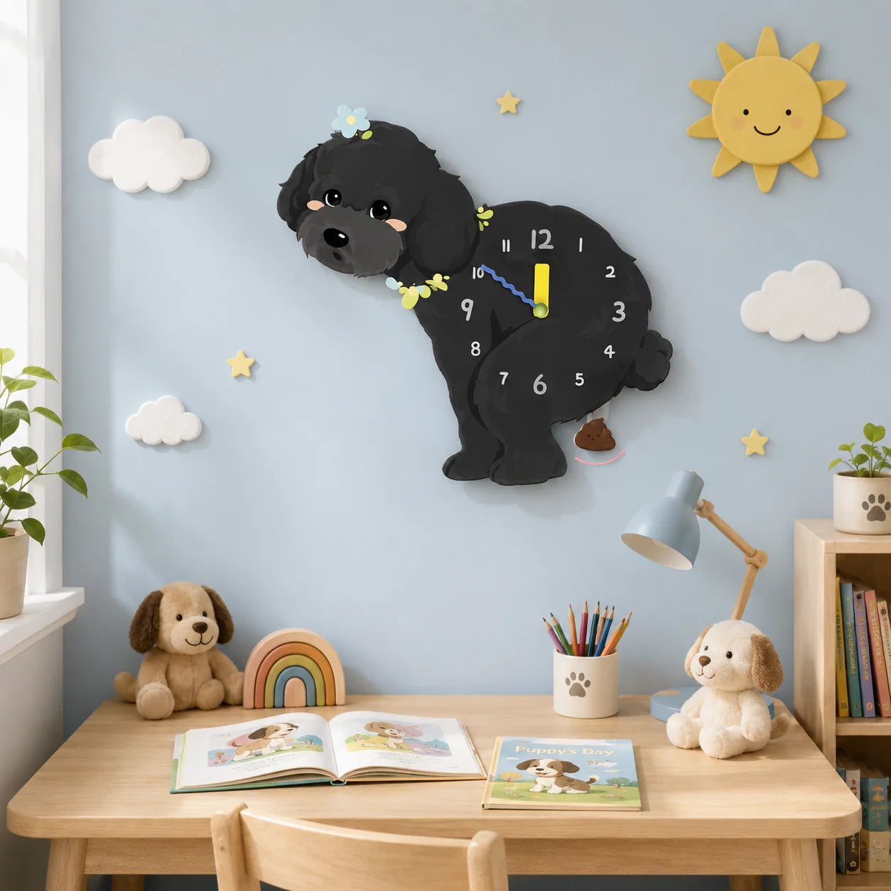 Black Teddy Poodle Petstify wall clock scene 02 with swinging poop pendulum