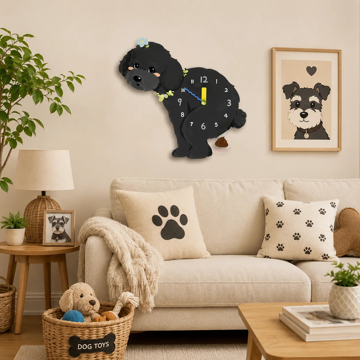 Black Teddy Poodle Petstify wall clock scene 03 with swinging poop pendulum