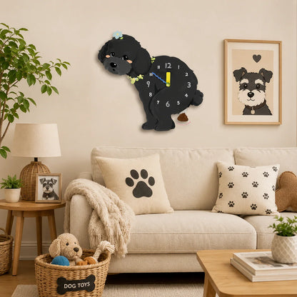 Black Teddy Poodle Petstify wall clock scene 03 with swinging poop pendulum