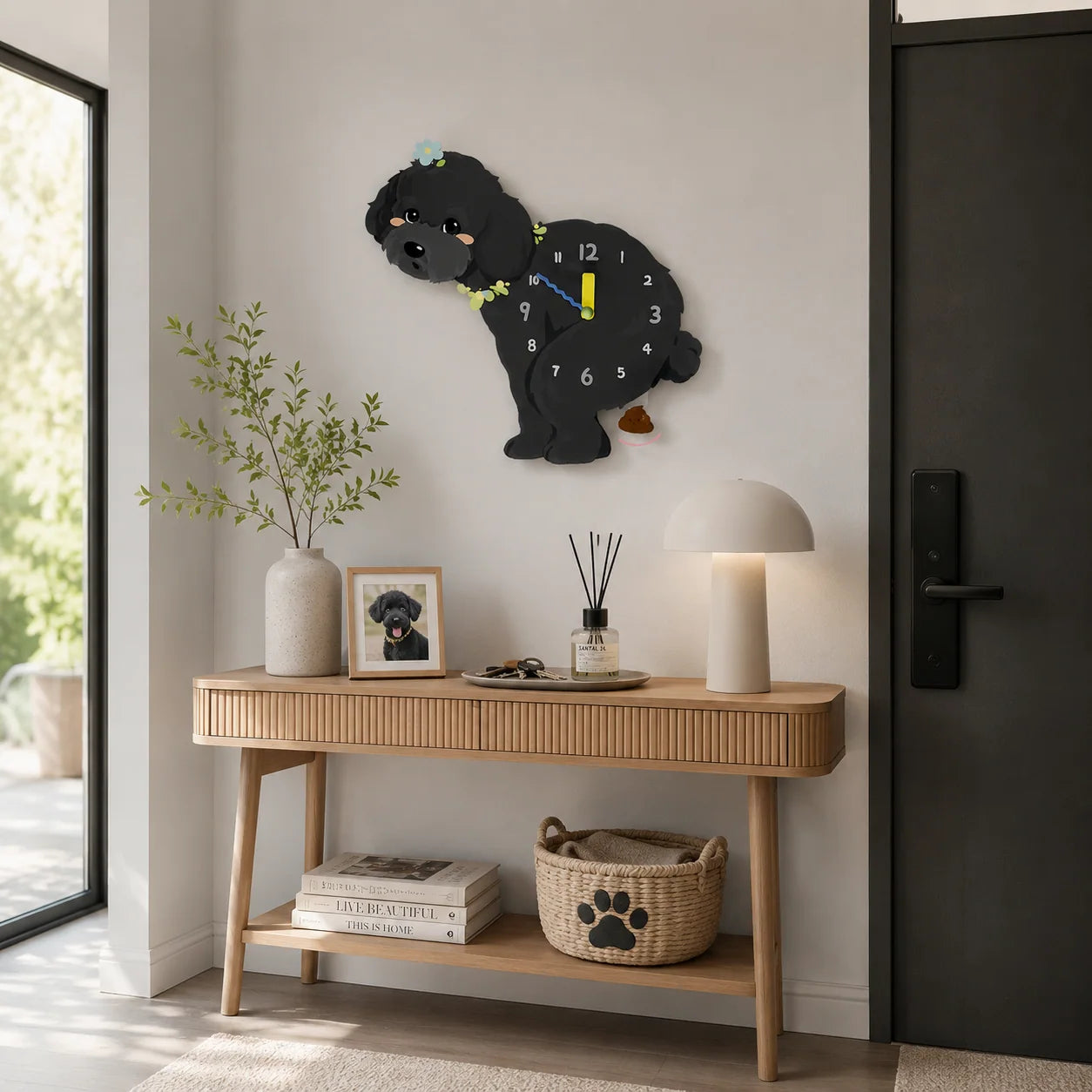 Black Teddy Poodle Petstify wall clock scene 04 with swinging poop pendulum