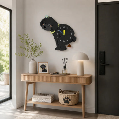 Black Teddy Poodle Petstify wall clock scene 04 with swinging poop pendulum