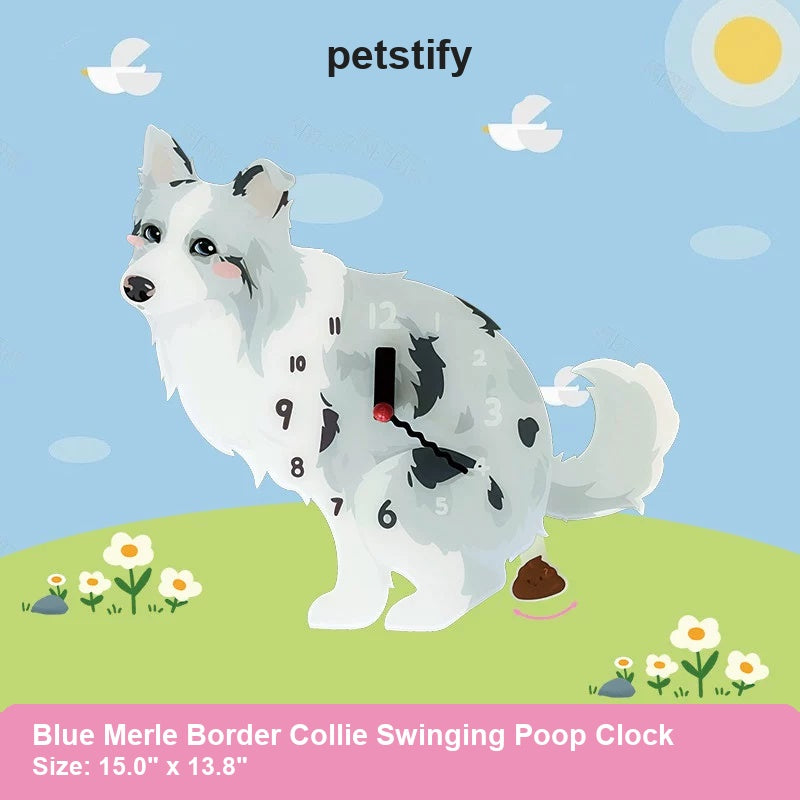 Blue Merle Border Collie Wall Clock with Swinging Poop Pendulum detail showing clock hands and swinging poop pendulum