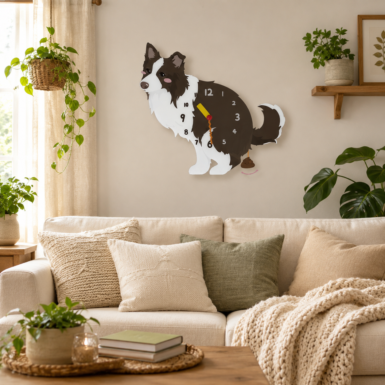 Brown and White Border Collie wall clock with swinging poop pendulum in a cozy room scene