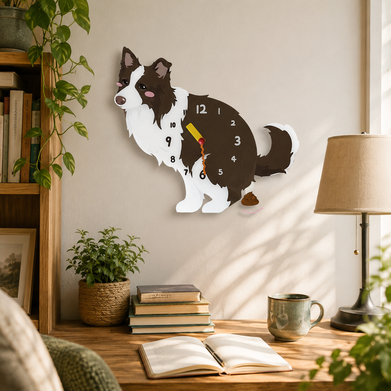 Border Collie dog lover gift wall clock with swinging poop pendulum home decor