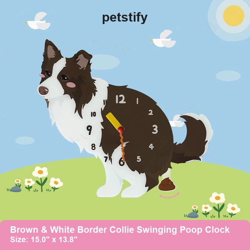 Brown and White Border Collie Wall Clock with Swinging Poop Pendulum detail showing clock hands and swinging poop pendulum