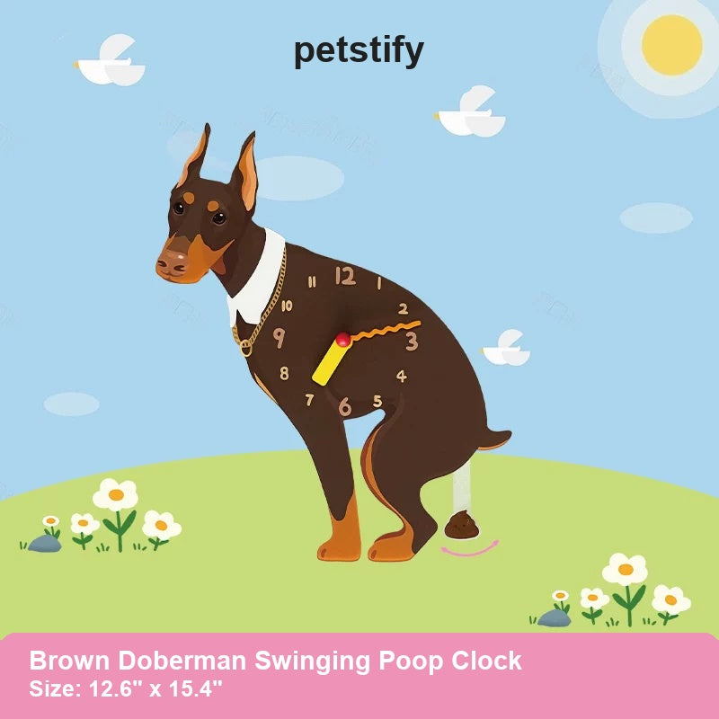 Brown Doberman Wall Clock with Swinging Poop Pendulum detail showing clock hands and swinging poop pendulum