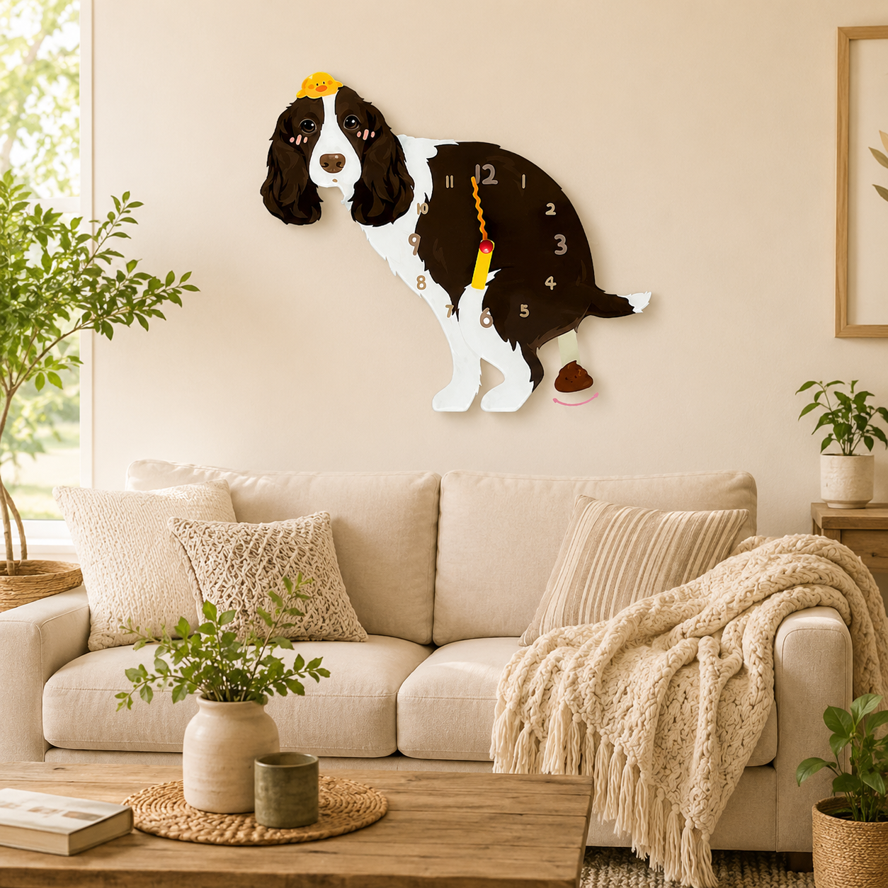 Brown Springer Spaniel wall clock with swinging poop pendulum in a cozy room scene