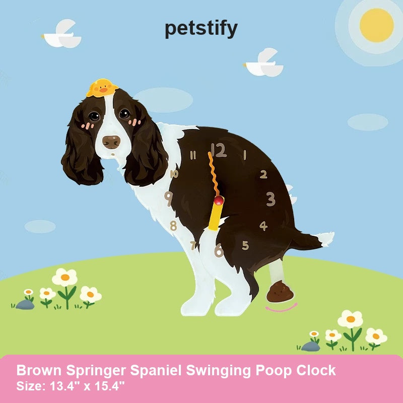 Brown Springer Spaniel Wall Clock with Swinging Poop Pendulum detail showing clock hands and swinging poop pendulum